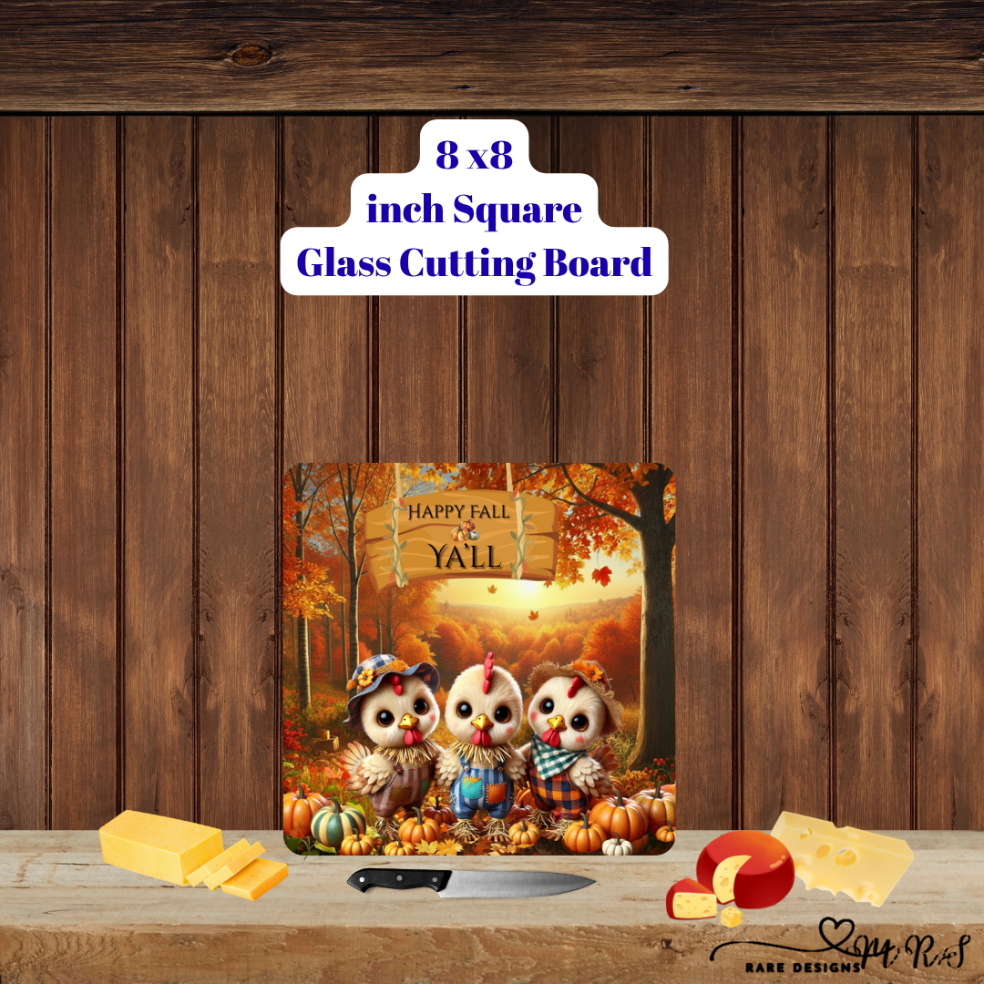 Happy Fall Y'all Farm Friends Glass Cutting Board