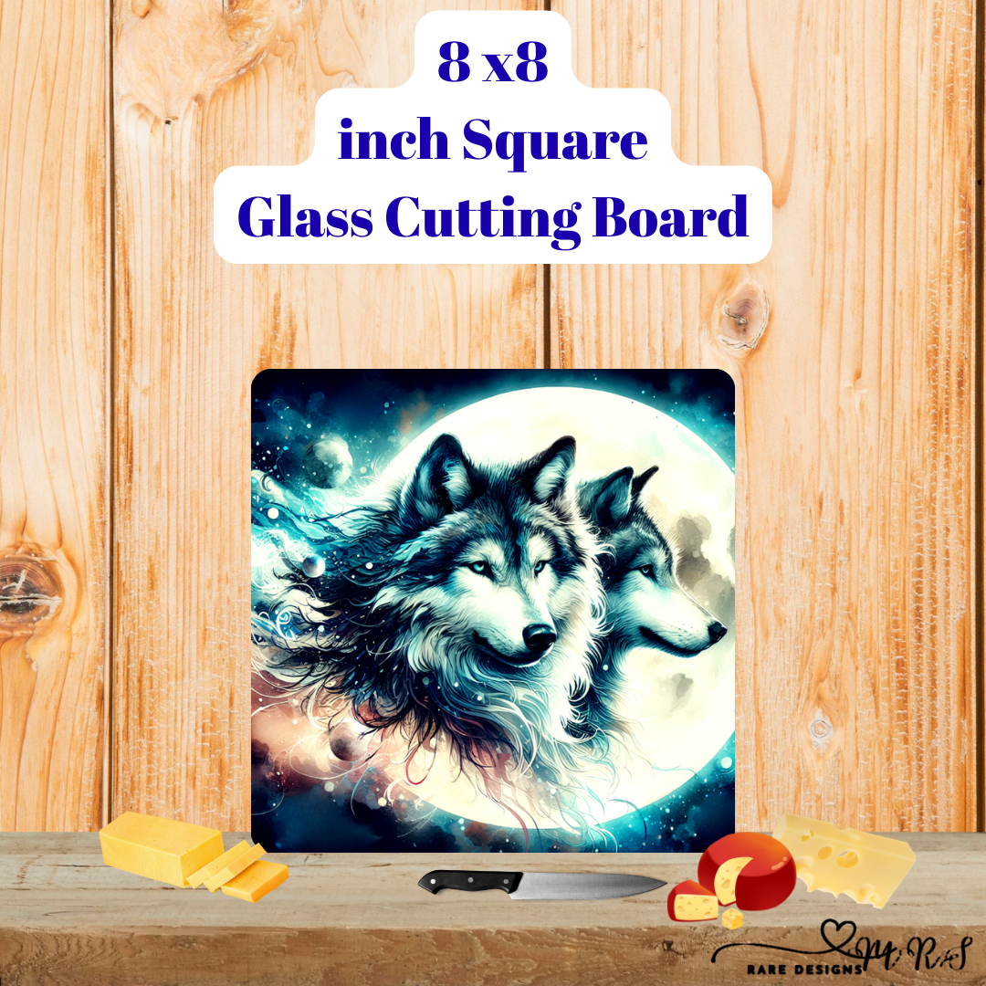 Moonlit Wolf Guardians — 8×8 Glass Cutting Board Duo