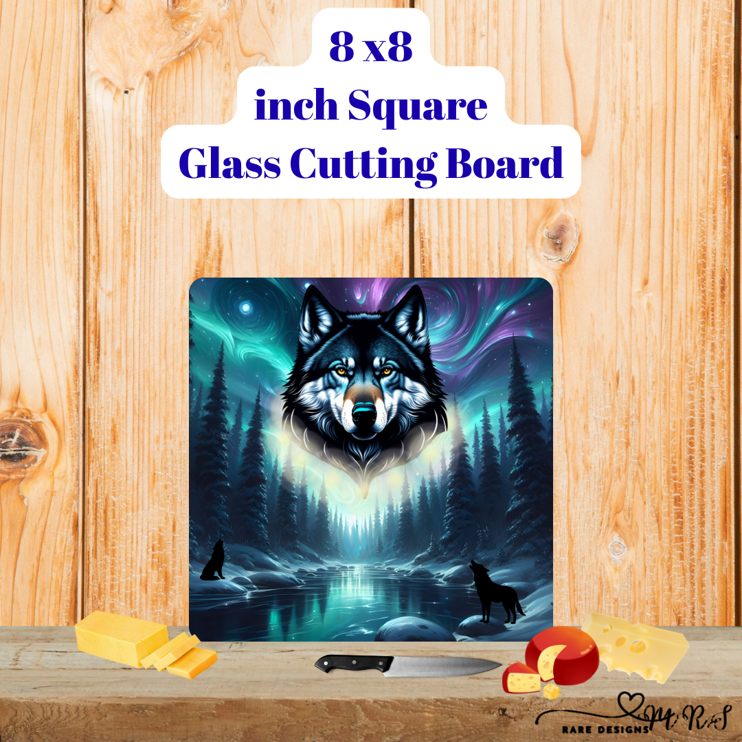 Aurora Howl Wolf Spirits — 8×8 Glass Cutting Board Duo