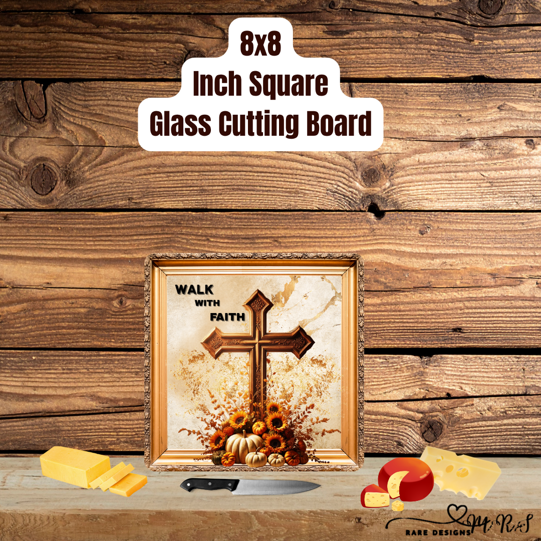 Walk With Faith Autumn Cross Glass Cutting Board – 8×8 Square