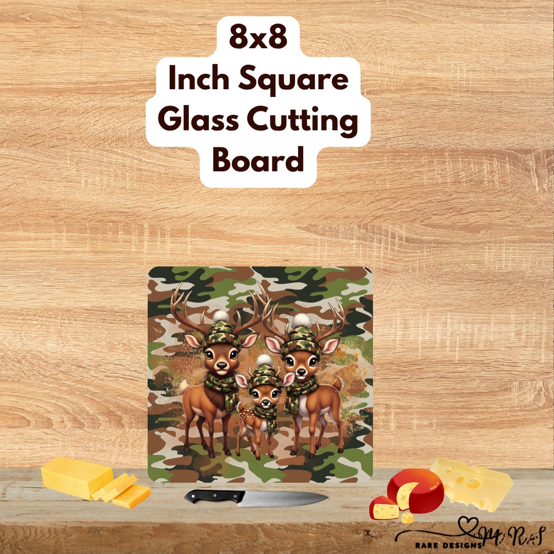 Camo Whitetail Family Glass Cutting Board — 8×8 Square