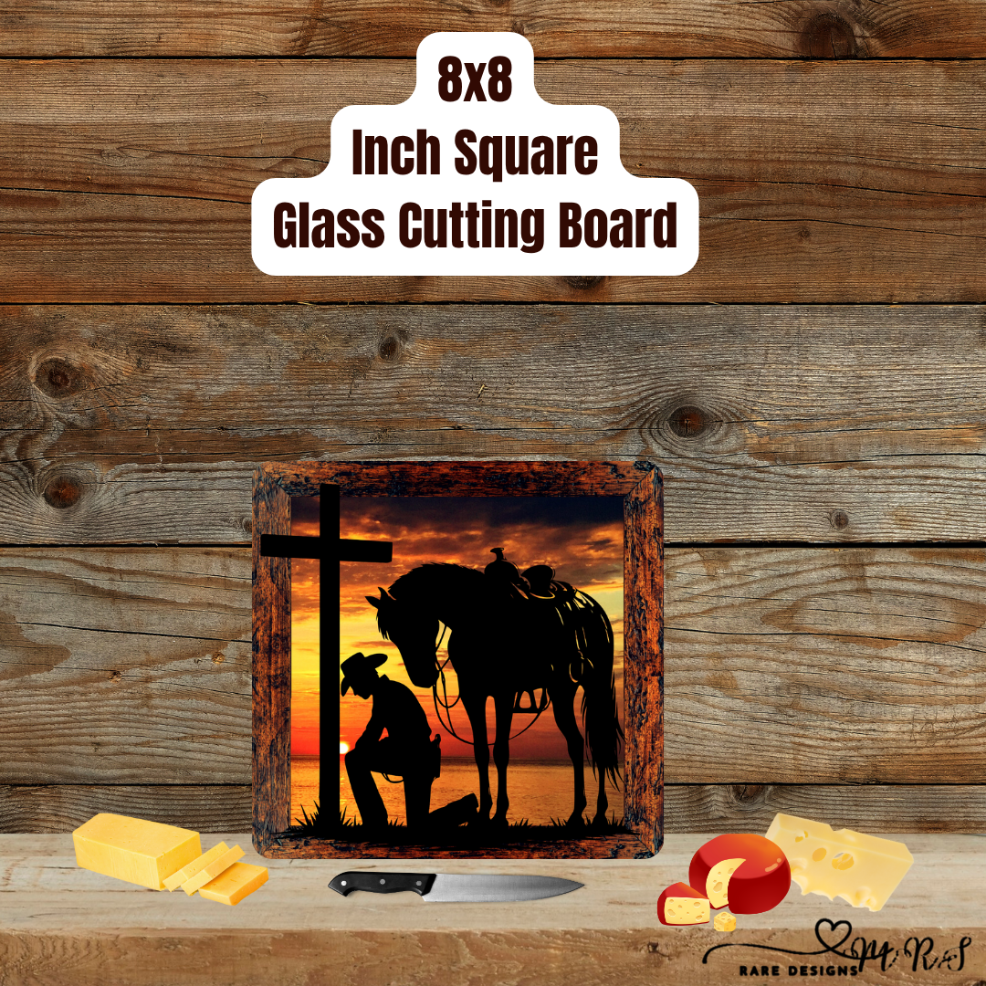 Cowboy’s Prayer at Sunset — 8x8 Glass Cutting Board Collection