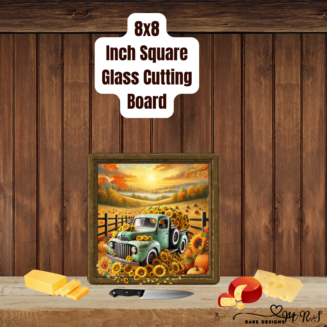 Sunflower Farmhouse Truck Duo — 8×8 Glass Cutting Boards (Red & Green)