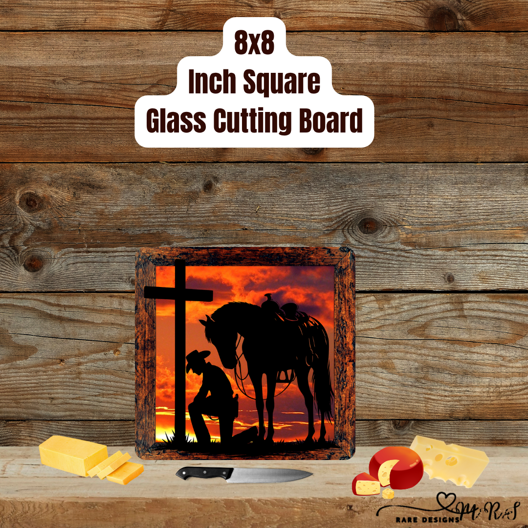 Cowboy’s Prayer at Sunset — 8x8 Glass Cutting Board Collection