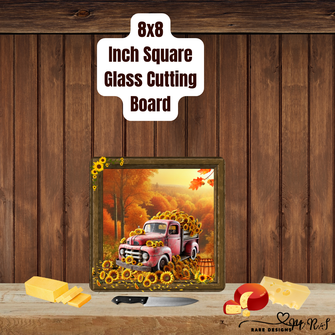 Harvest Sunflower Pickup Pair — 8×8 Glass Cutting Boards (Green & Red)
