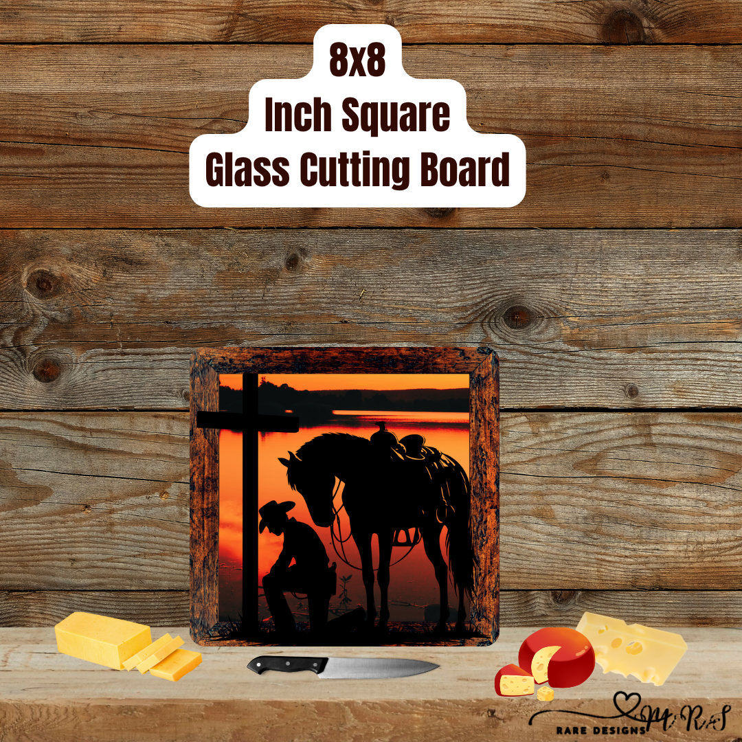 Cowboy’s Prayer at Sunset — 8x8 Glass Cutting Board Collection