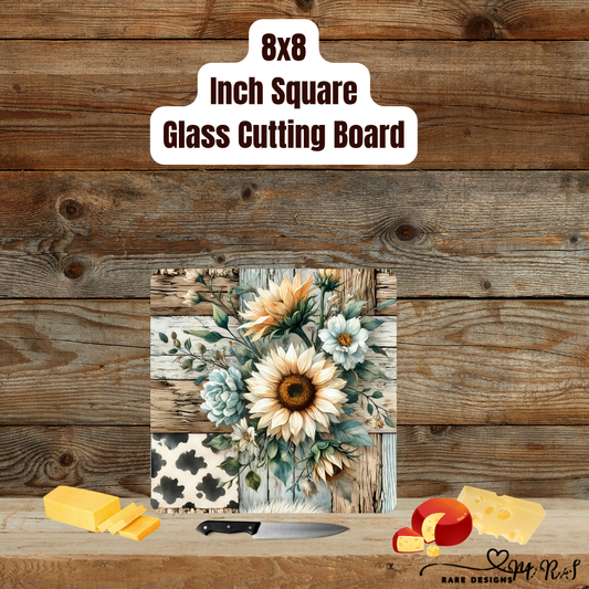 Rustic Sunflower Patchwork Square Glass Cutting Board — 8″×8″