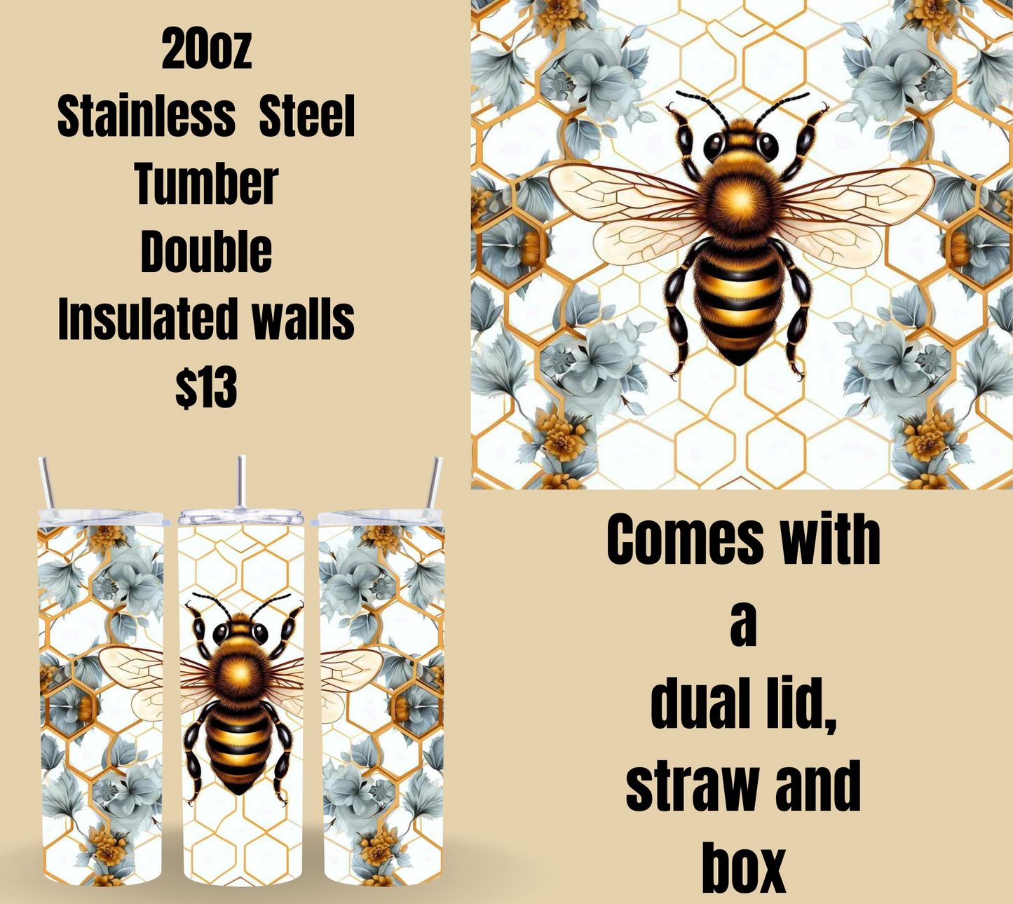 Elegant Bee 20oz Stainless Steel Tumbler