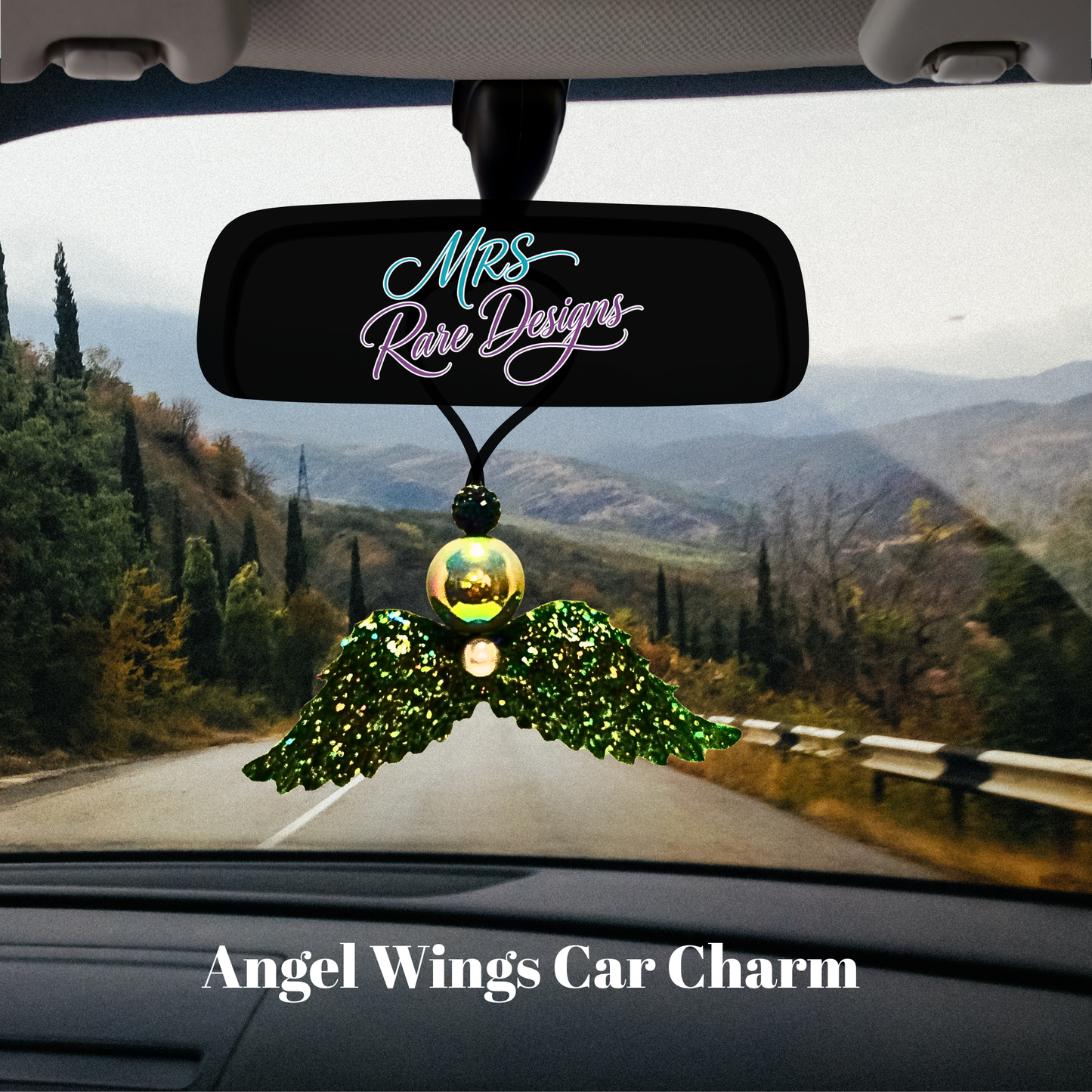 Green Angel Wings Car Charm – Sparkling Guardian Angel Rearview Mirror Décor