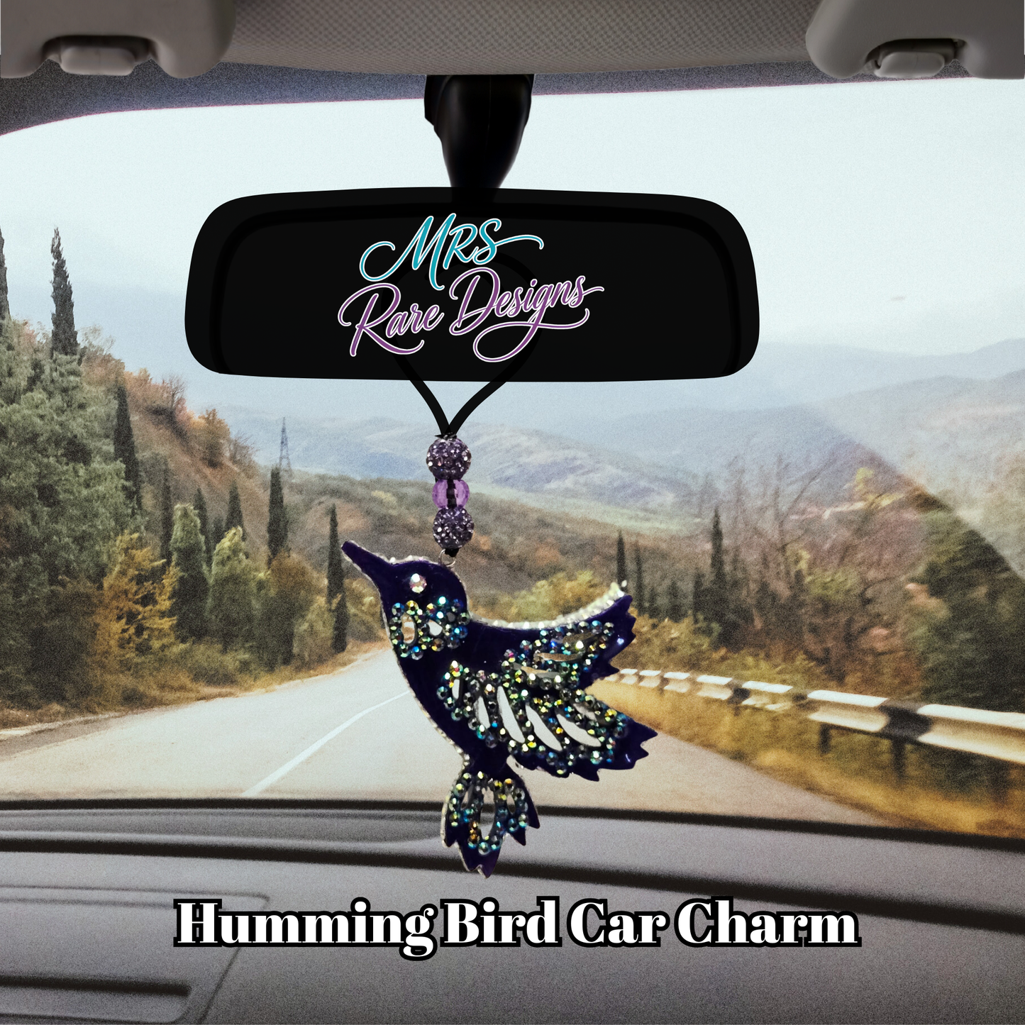 Purple Hummingbird Car Charm – Sparkling Rearview Mirror Décor with Crystal Beads