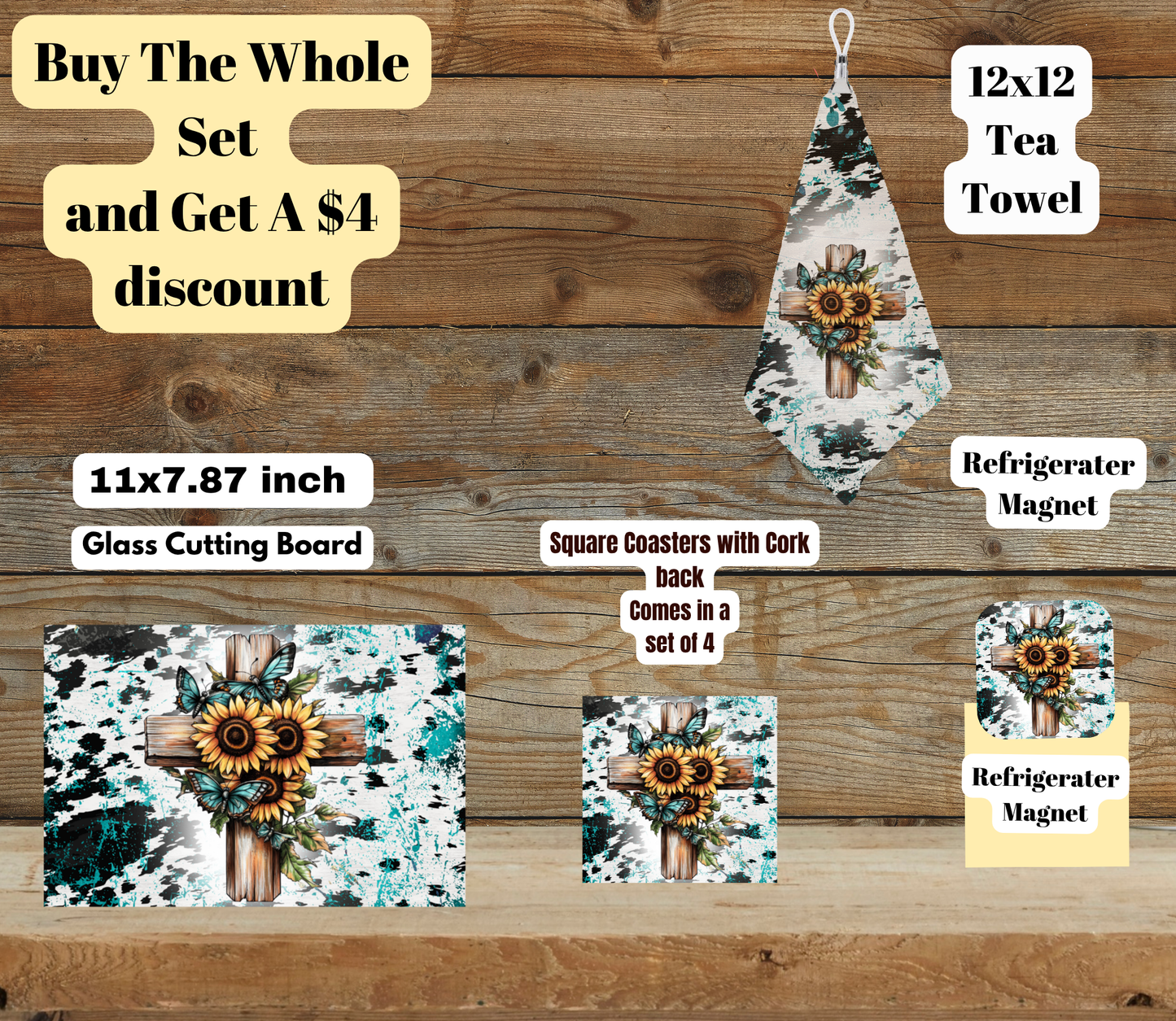 Rustic Turquoise Cross Home Set (Glass Cutting Board, 4-Pc Coasters, 12×12 Tea Towel, Fridge Magnet)