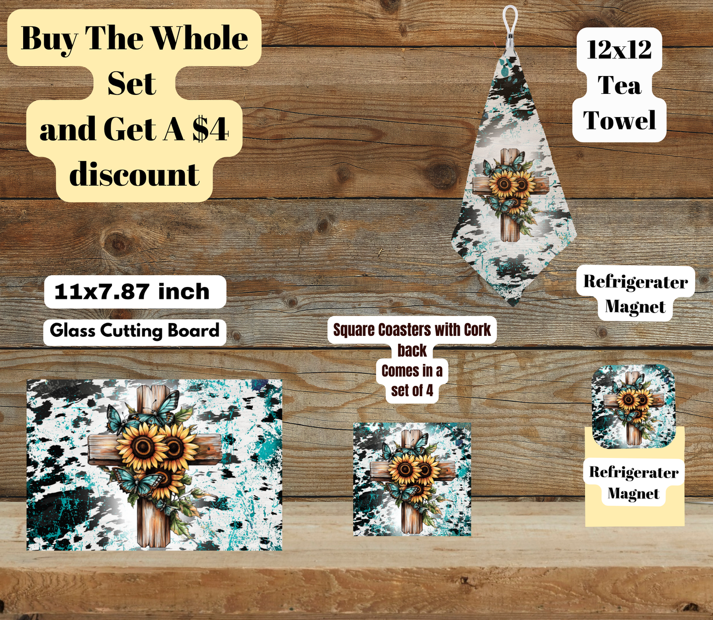 Rustic Turquoise Cross Home Set (Glass Cutting Board, 4-Pc Coasters, 12×12 Tea Towel, Fridge Magnet)