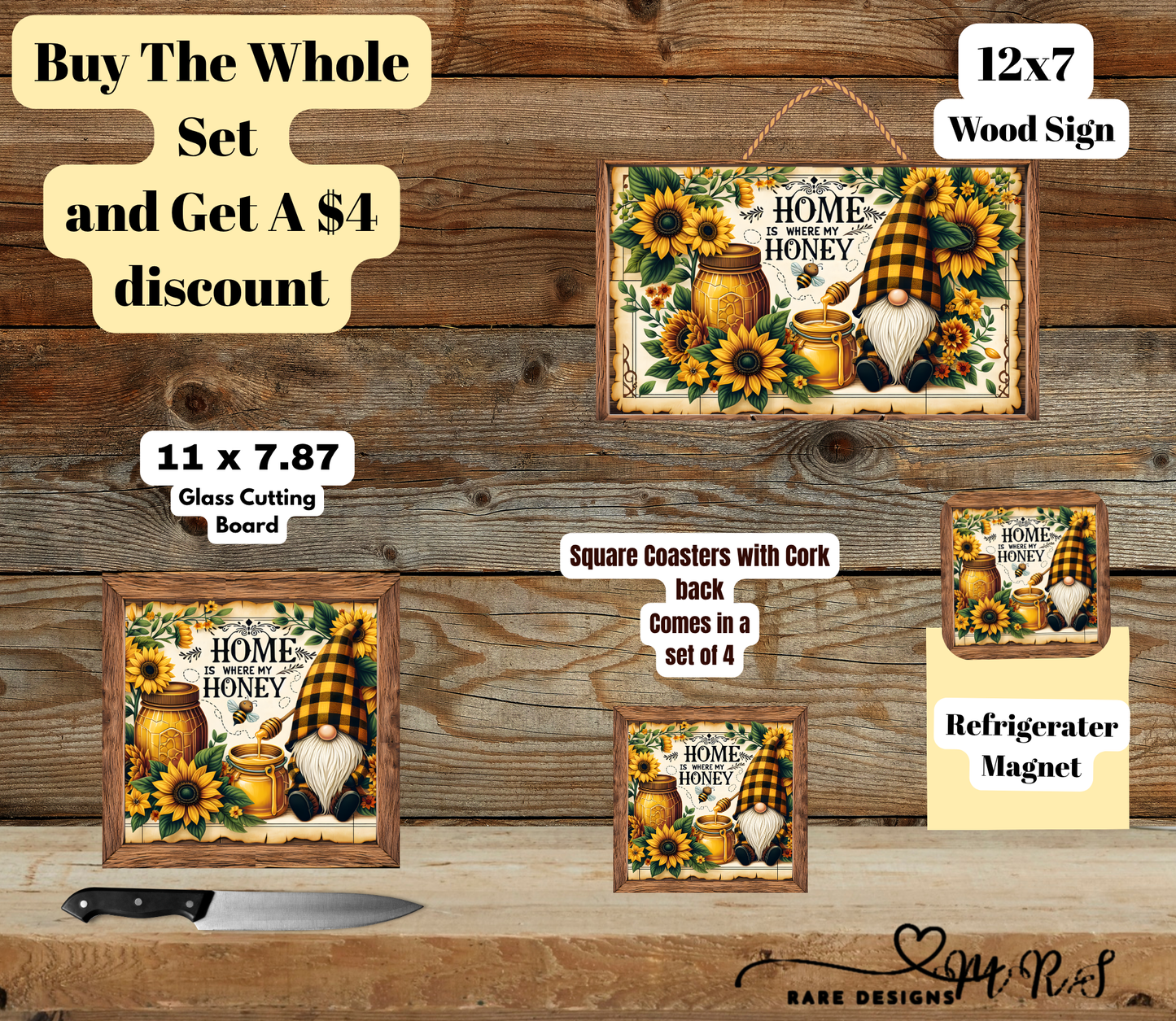 Home Is Where My Honey™ — Sunflower Gnome Kitchen Set (Wood Sign Edition) — Bundle & Save $4