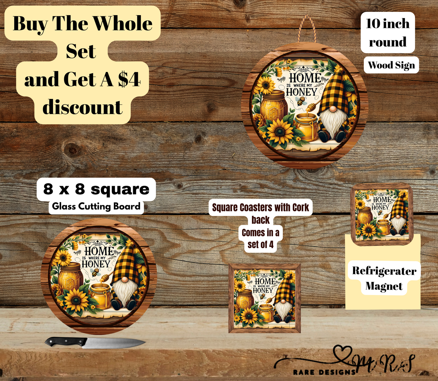 Home Is Where My Honey™ — Sunflower Gnome Kitchen Set (Wood Sign Edition) — Bundle & Save $4