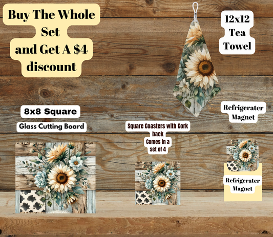 Rustic Sunflower Patchwork Kitchen Bundle — Choose 8×8 Square or 8″ Round Board (Save $4)