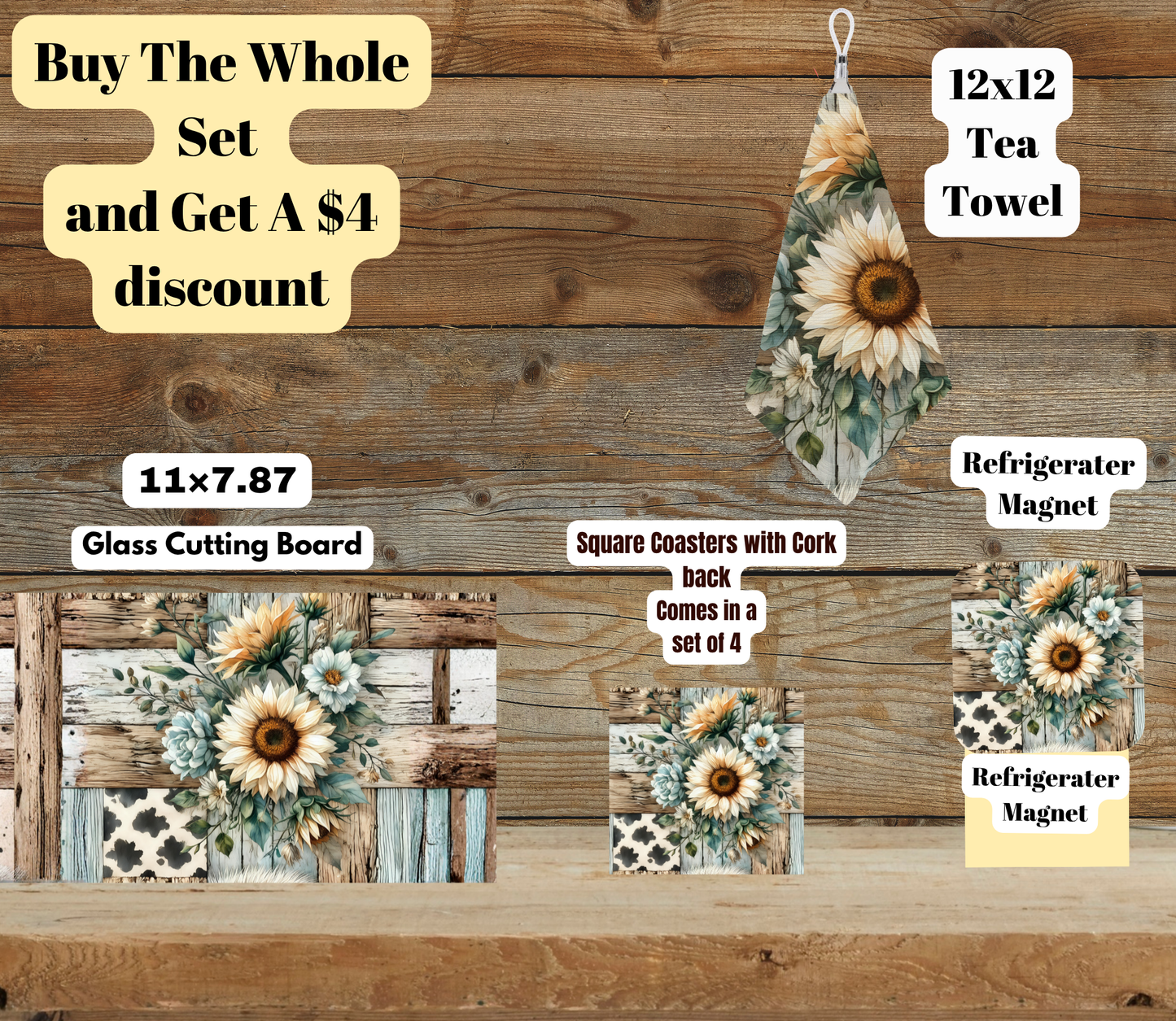 Rustic Sunflower Patchwork Kitchen Bundle — Cutting Board + Tea Towel + Coaster 4-Pack + Fridge Magnet (Save $4)