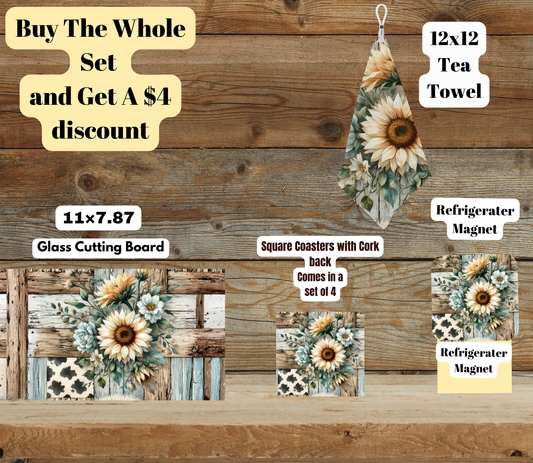 Rustic Sunflower Patchwork Kitchen Bundle — Cutting Board + Tea Towel + Coaster 4-Pack + Fridge Magnet (Save $4)
