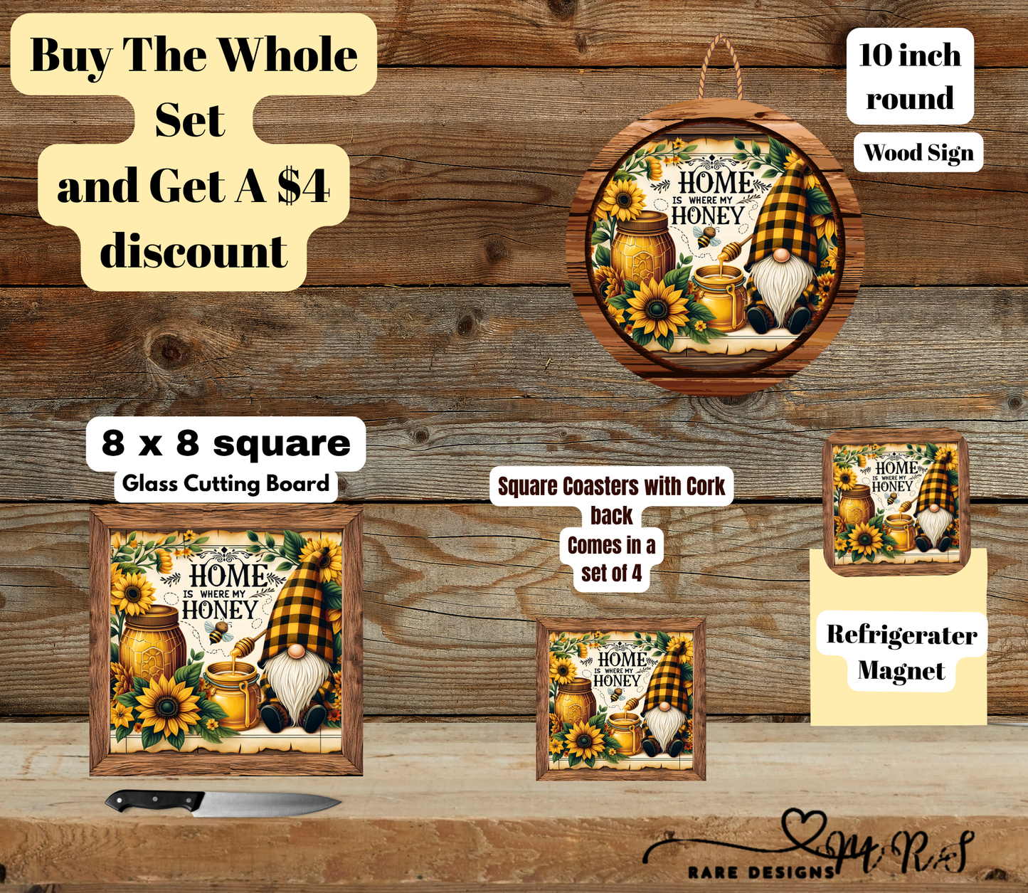 Home Is Where My Honey™ — Sunflower Gnome Kitchen Set (Wood Sign Edition) — Bundle & Save $4
