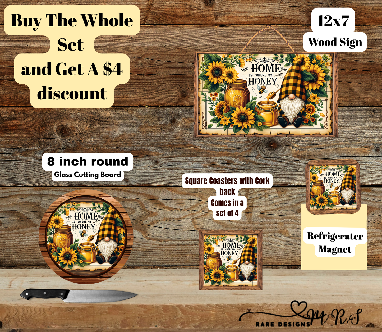Home Is Where My Honey™ — Sunflower Gnome Kitchen Set (Wood Sign Edition) — Bundle & Save $4