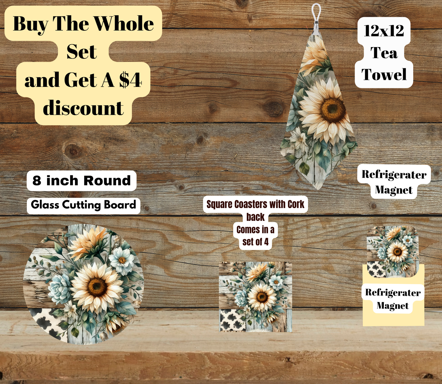 Rustic Sunflower Patchwork Kitchen Bundle — Choose 8×8 Square or 8″ Round Board (Save $4)