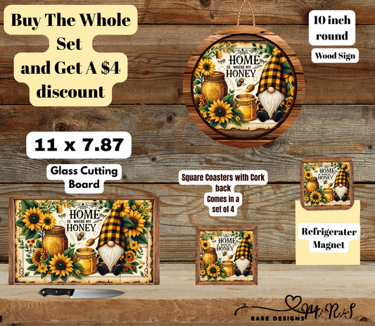 Home Is Where My Honey™ — Sunflower Gnome Kitchen Set (Wood Sign Edition) — Bundle & Save $4