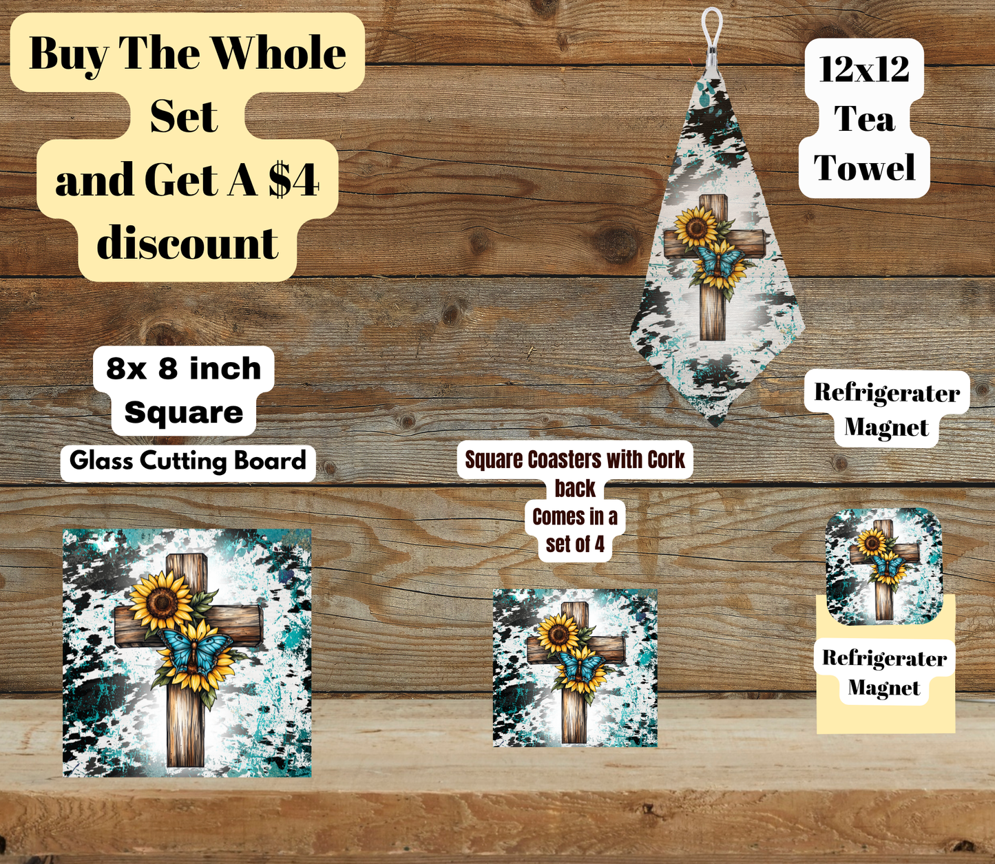 Rustic Turquoise Cross Kitchen Set (8×8 Glass Board, 4-Pc Coasters, 12×12 Tea Towel, Fridge Magnet)