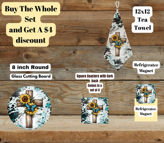 Rustic Turquoise Cross Kitchen Set — 8" Round Board Edition (Coasters, 12×12 Tea Towel, Fridge Magnet)
