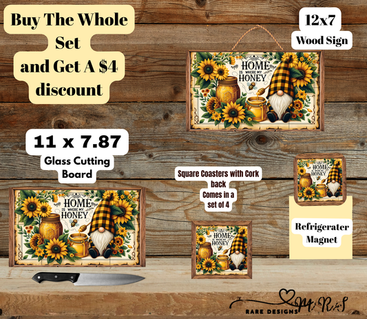 Home Is Where My Honey™ — Sunflower Gnome Kitchen Set (Wood Sign Edition) — Bundle & Save $4