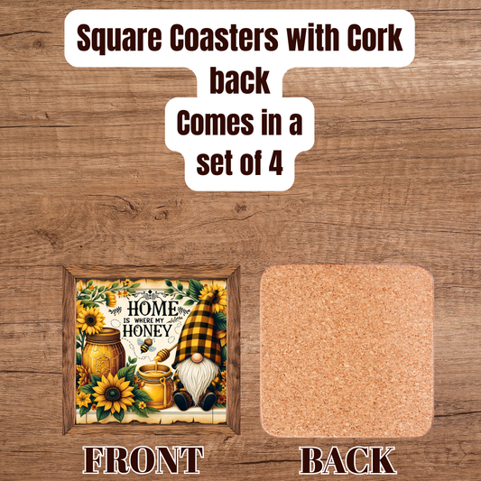 Home Is Where My Honey— Square Coasters with Cork Back (Set of 4, Sunflower Gnome)