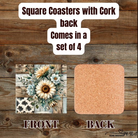 Rustic Sunflower Patchwork Square Coasters — Set of 4, Cork-Backed