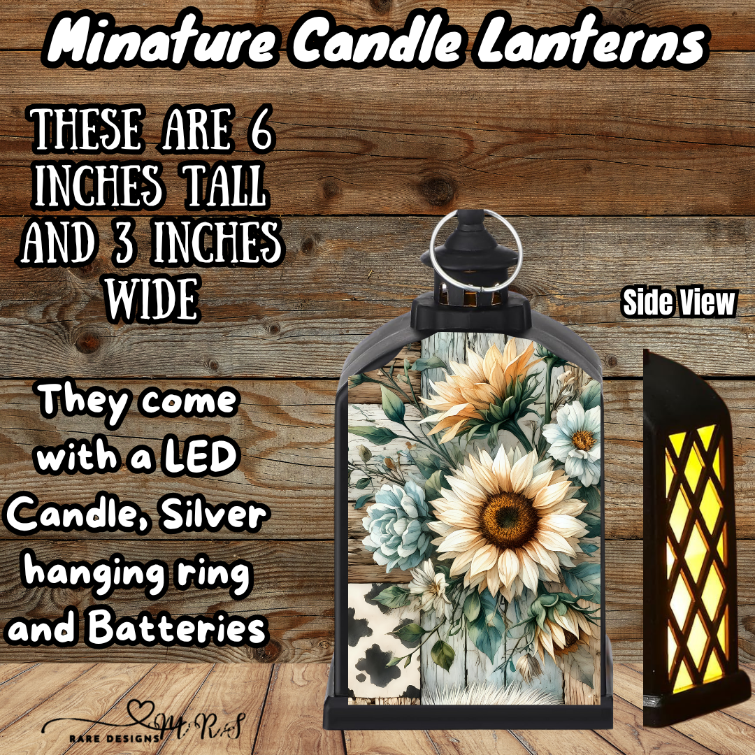 Rustic Sunflower Patchwork Mini Candle Lantern — LED, 6″ x 3″