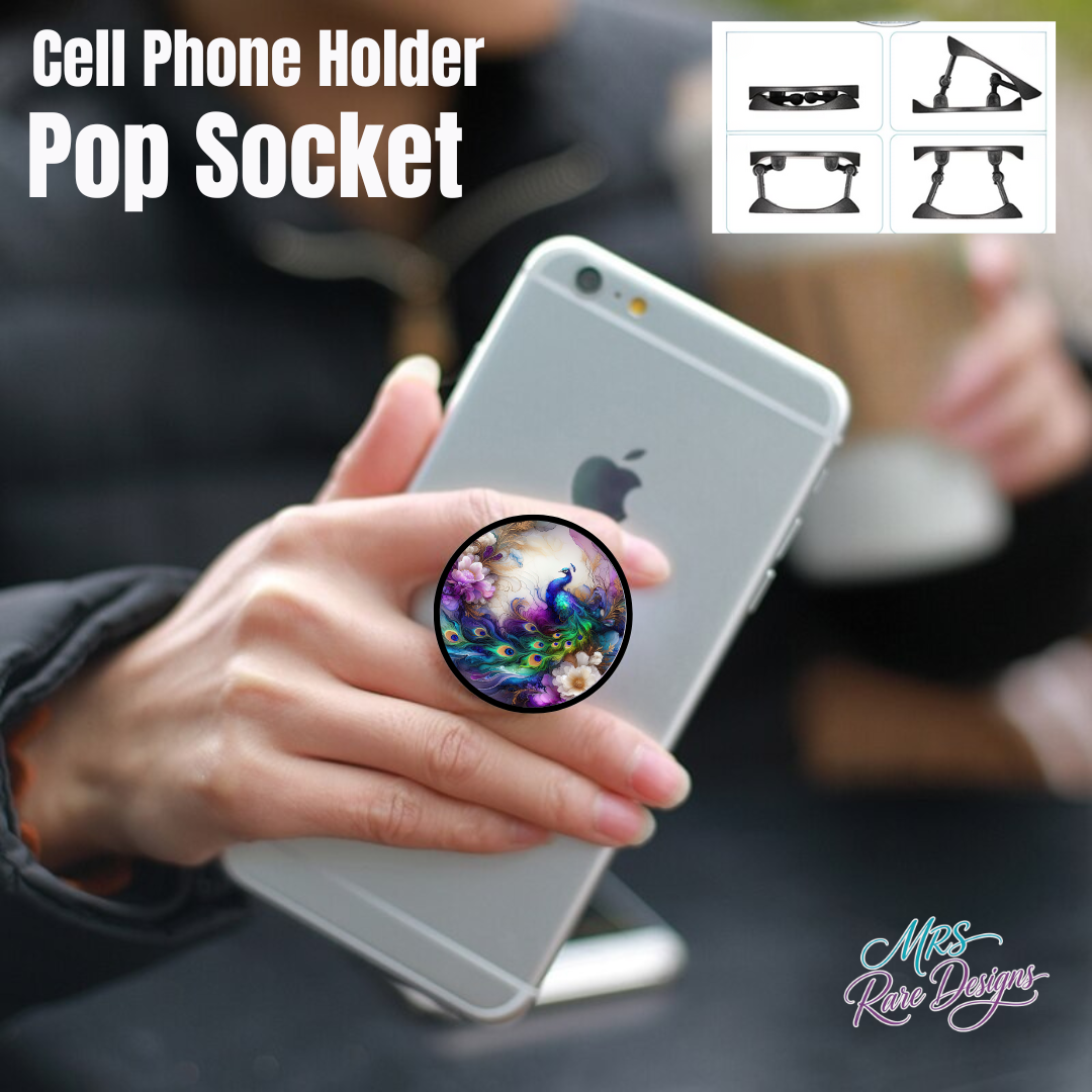 Peacock Elegance Pop Socket – Artistic Phone Grip & Stand with Floral Peacock Design