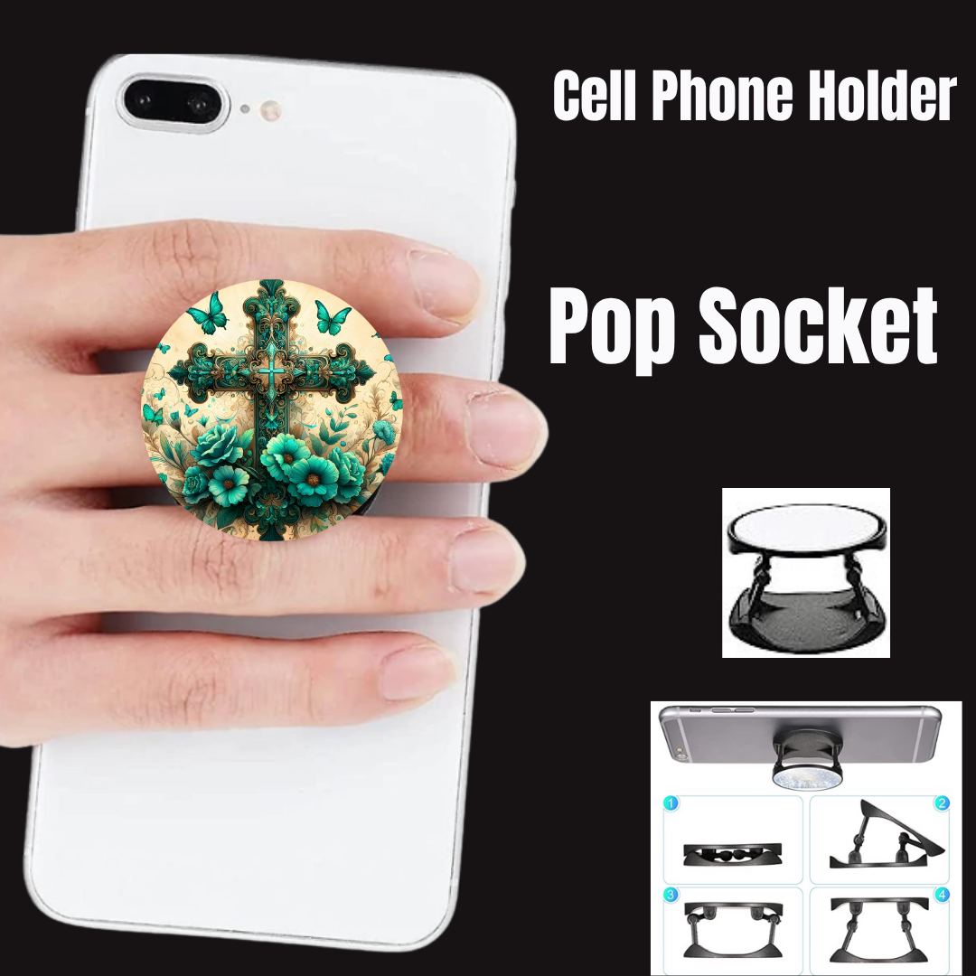 Turquoise Faith Floral Cross Phone Grip (Pop-Socket Style)