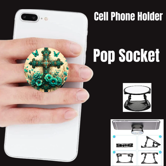 Turquoise Faith Floral Cross Phone Grip (Pop-Socket Style)