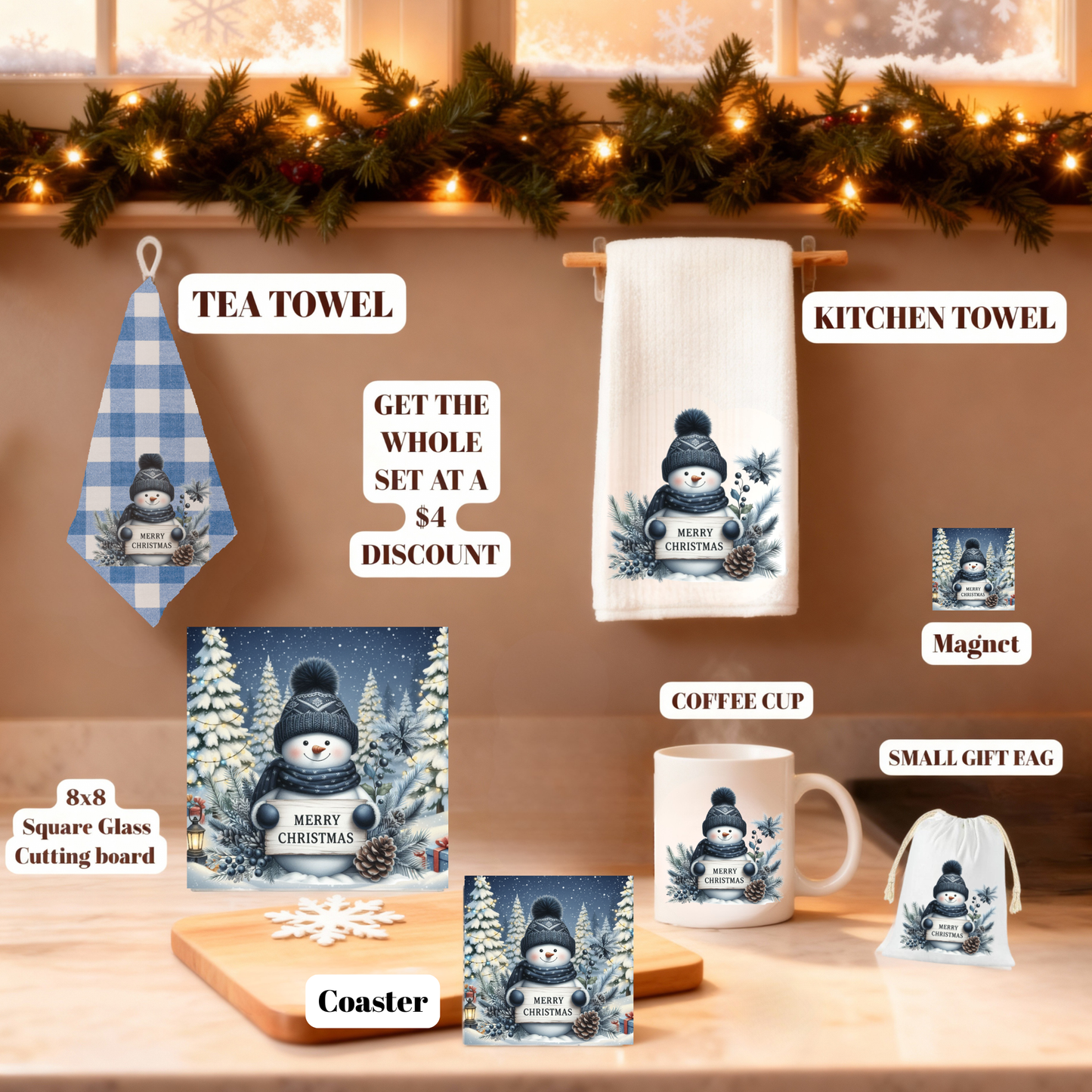 Cozy Snowman Christmas Kitchen Gift Set – Towels, 8x8 Glass Board, Mug, Magnet, Gift Bag & Coaster Set of 4