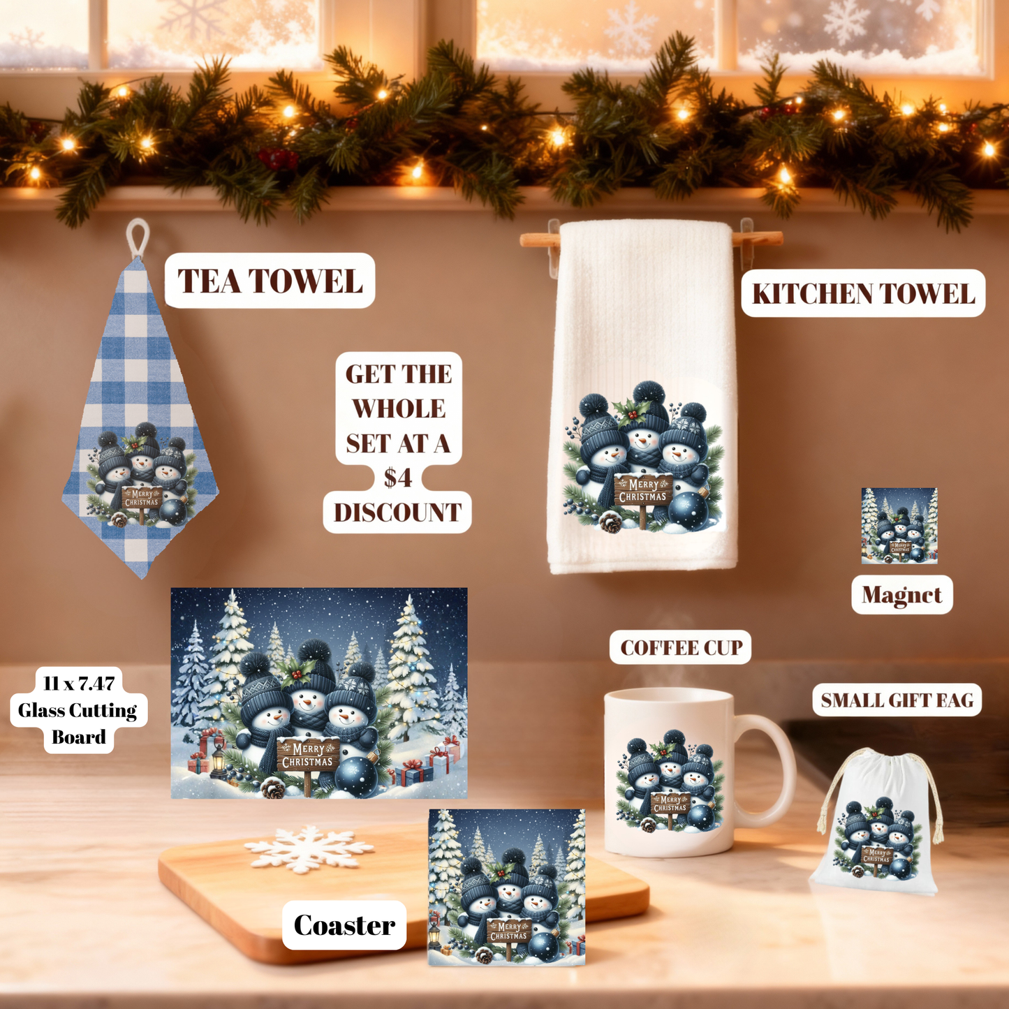 Frosty Friends Holiday Glass Cutting Board Set – 11x7.87 & 8x8 (Square or Round) + Matching Coaster Set of 4