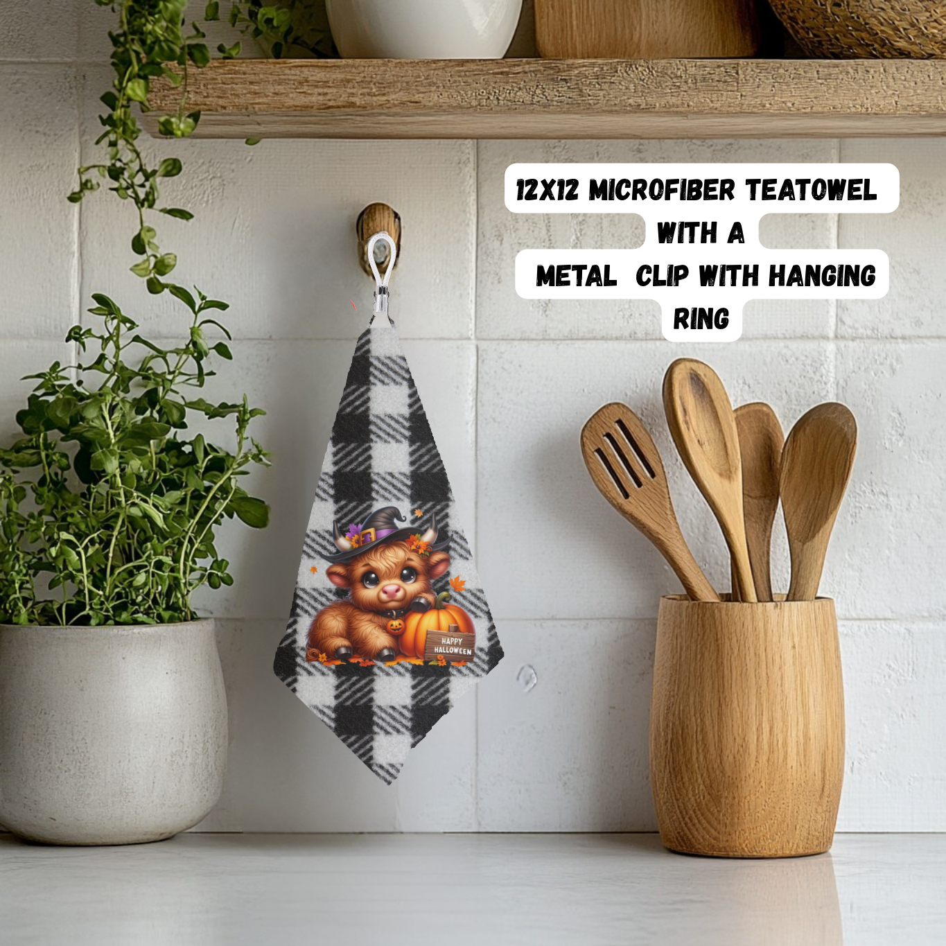 Halloween Highland Cow Microfiber Teatowel Set – 12x12 with Hanging Clip
