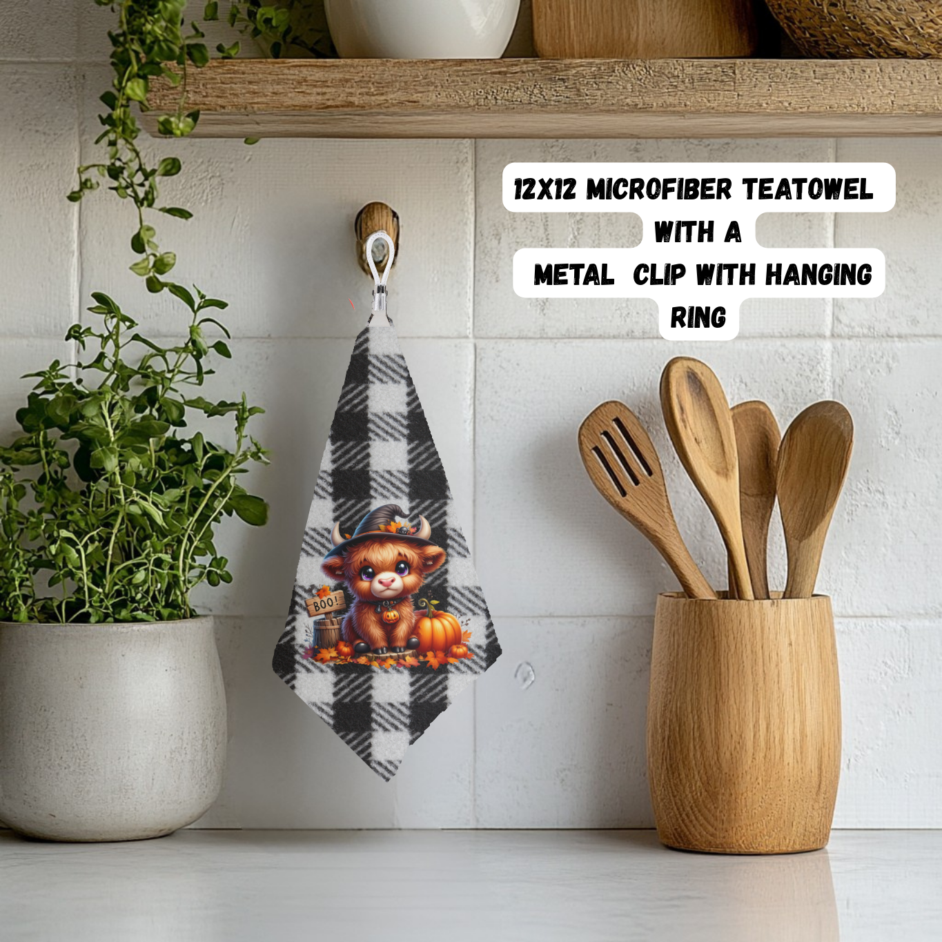 Halloween Highland Cow Microfiber Teatowel Set – 12x12 with Hanging Clip