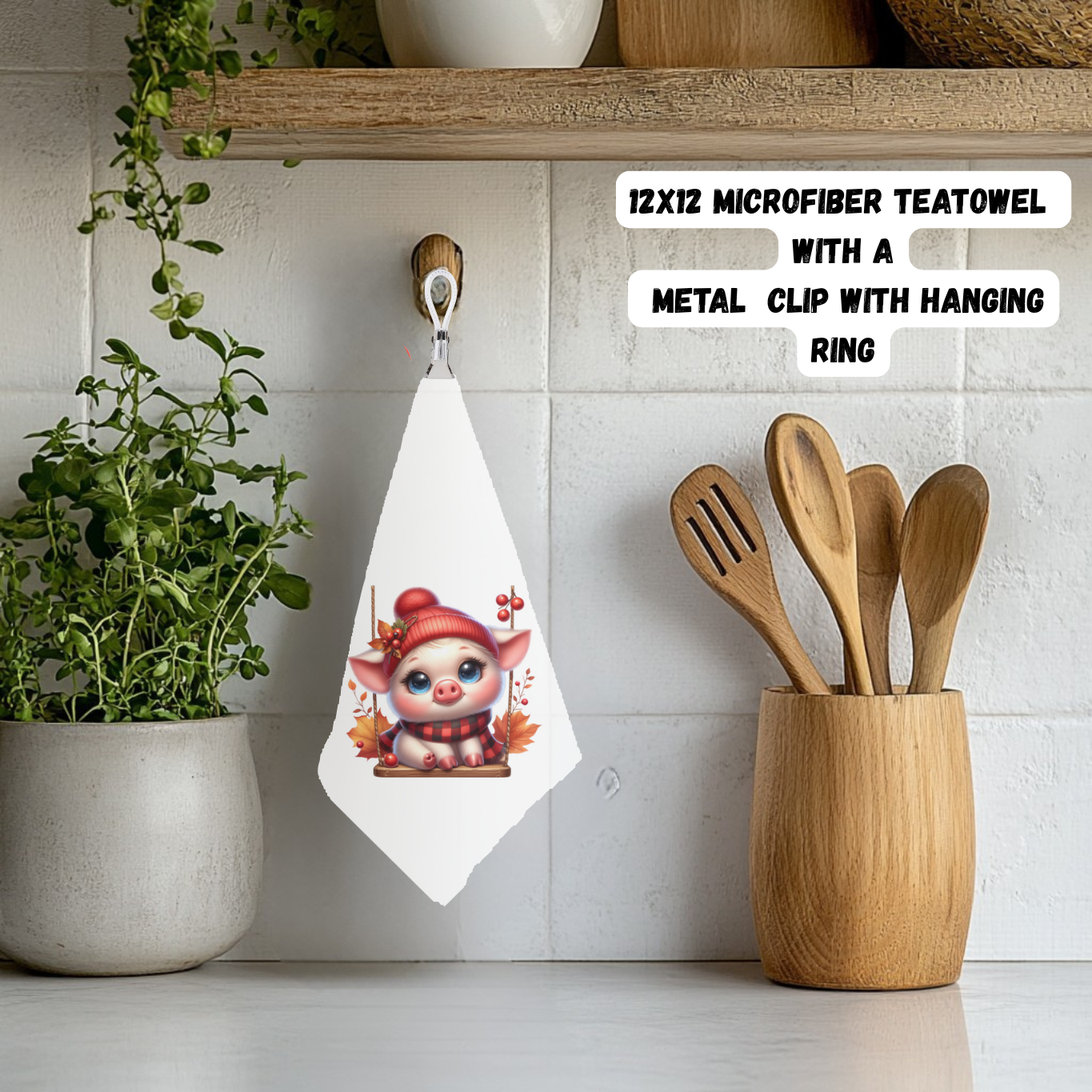 Cozy Piggy Autumn Teatowel Collection β 12x12 with Clip & Ring