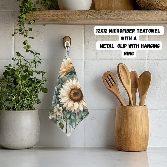 Rustic Sunflower Patchwork Microfiber Tea Towel — 12″×12″ with Clip & Hanging Ring