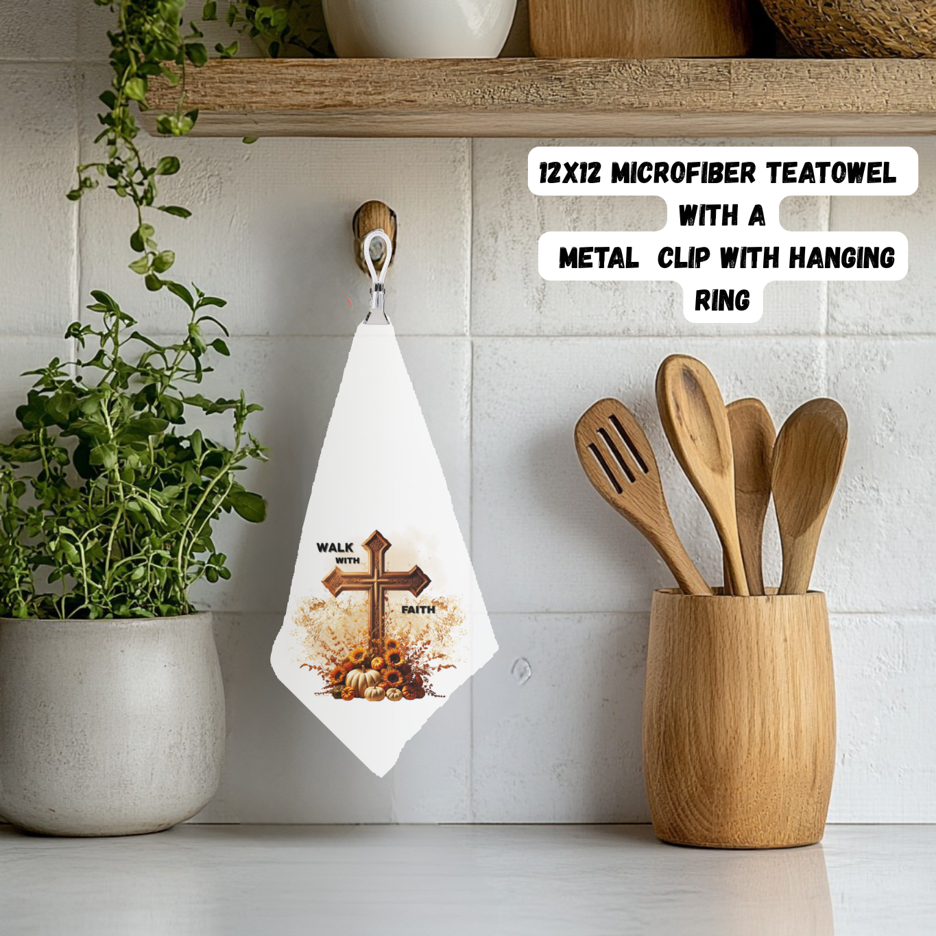 Walk With Faith Autumn Cross Tea Towel – 12×12 Microfiber with Hanging Clip