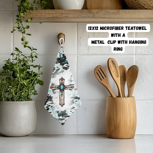 12×12 Microfiber Tea Towel – Rustic Turquoise Cross
