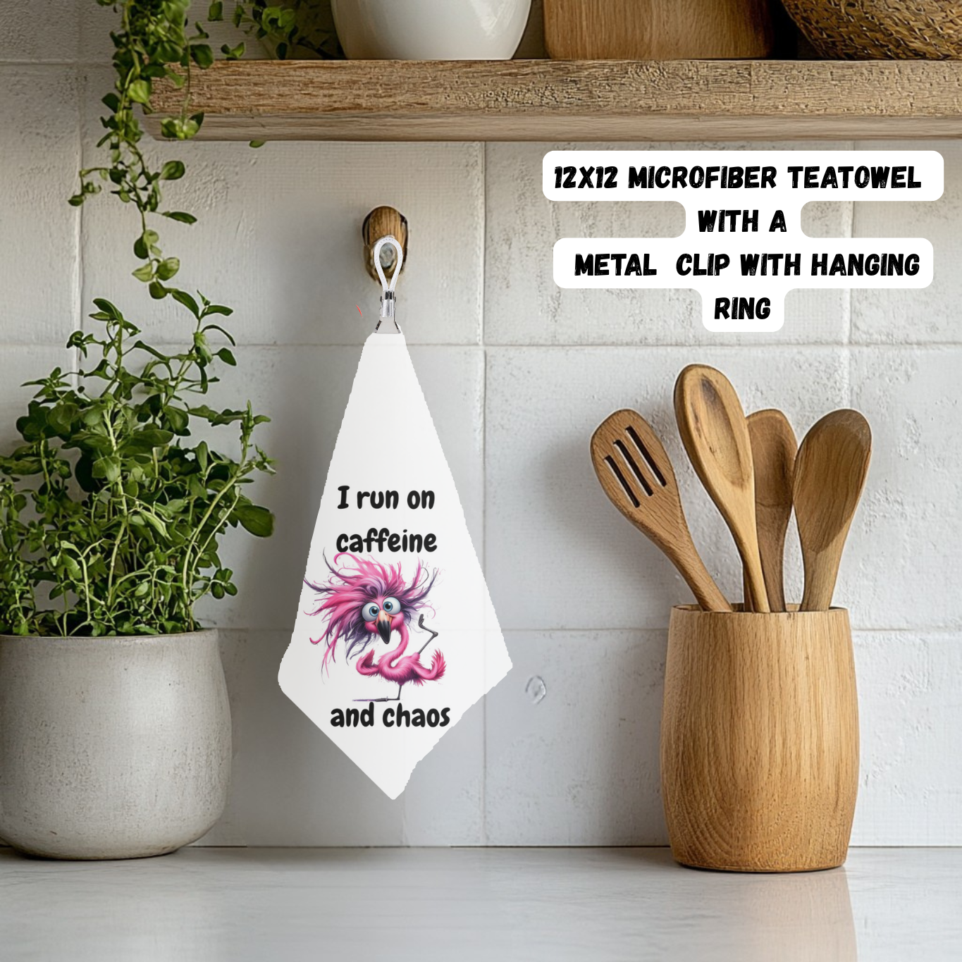 Caffeine & Chaos Flamingo Tea Towel – 12x12 Microfiber with Hanging Clip