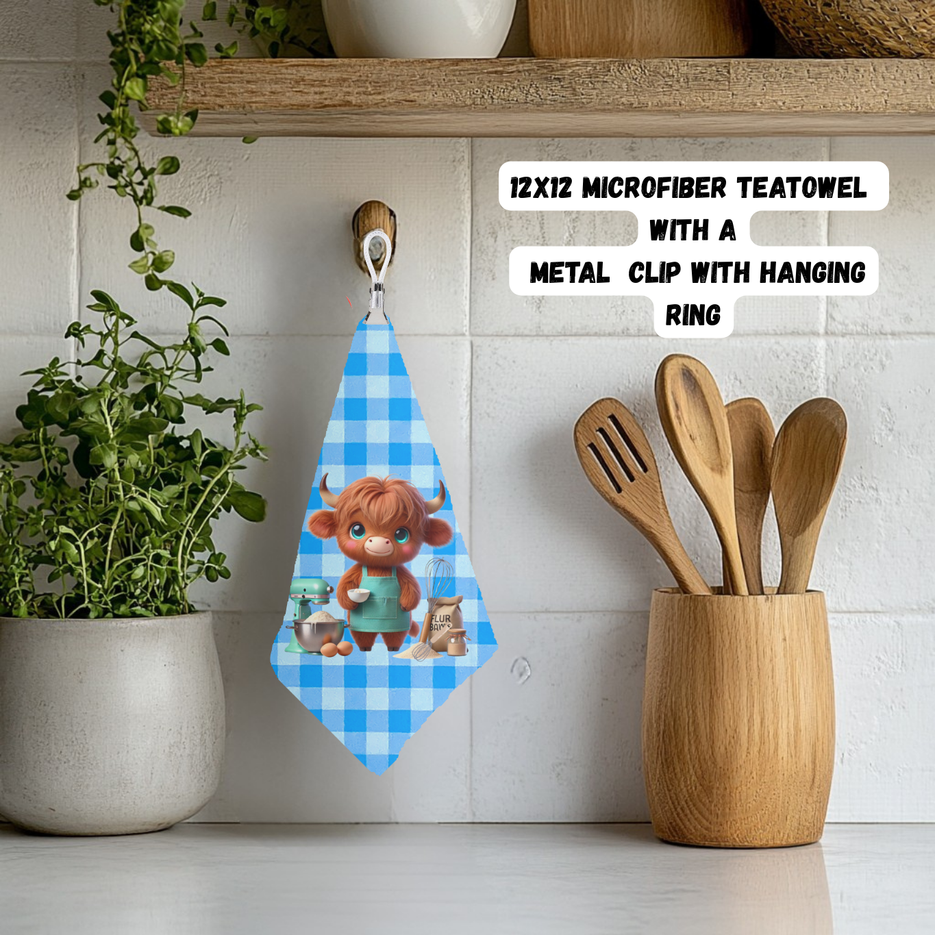 Highland Cow Kitchen Teatowel Collection – 12x12 Microfiber with Hanging Clip
