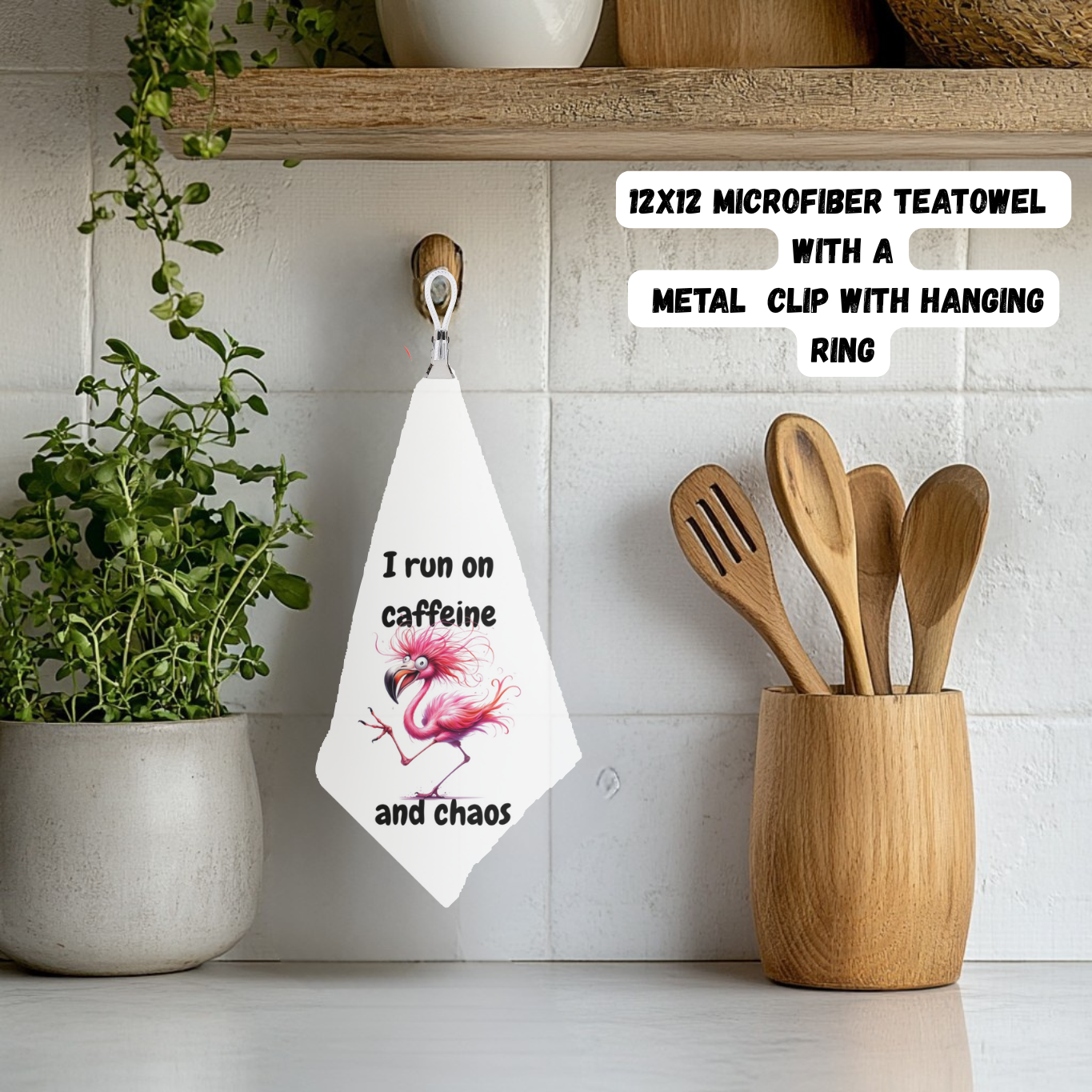 Caffeine & Chaos Flamingo Tea Towel – 12x12 Microfiber with Hanging Clip
