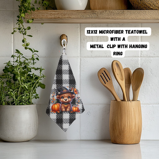 Halloween Highland Cow Microfiber Teatowel Set – 12x12 with Hanging Clip