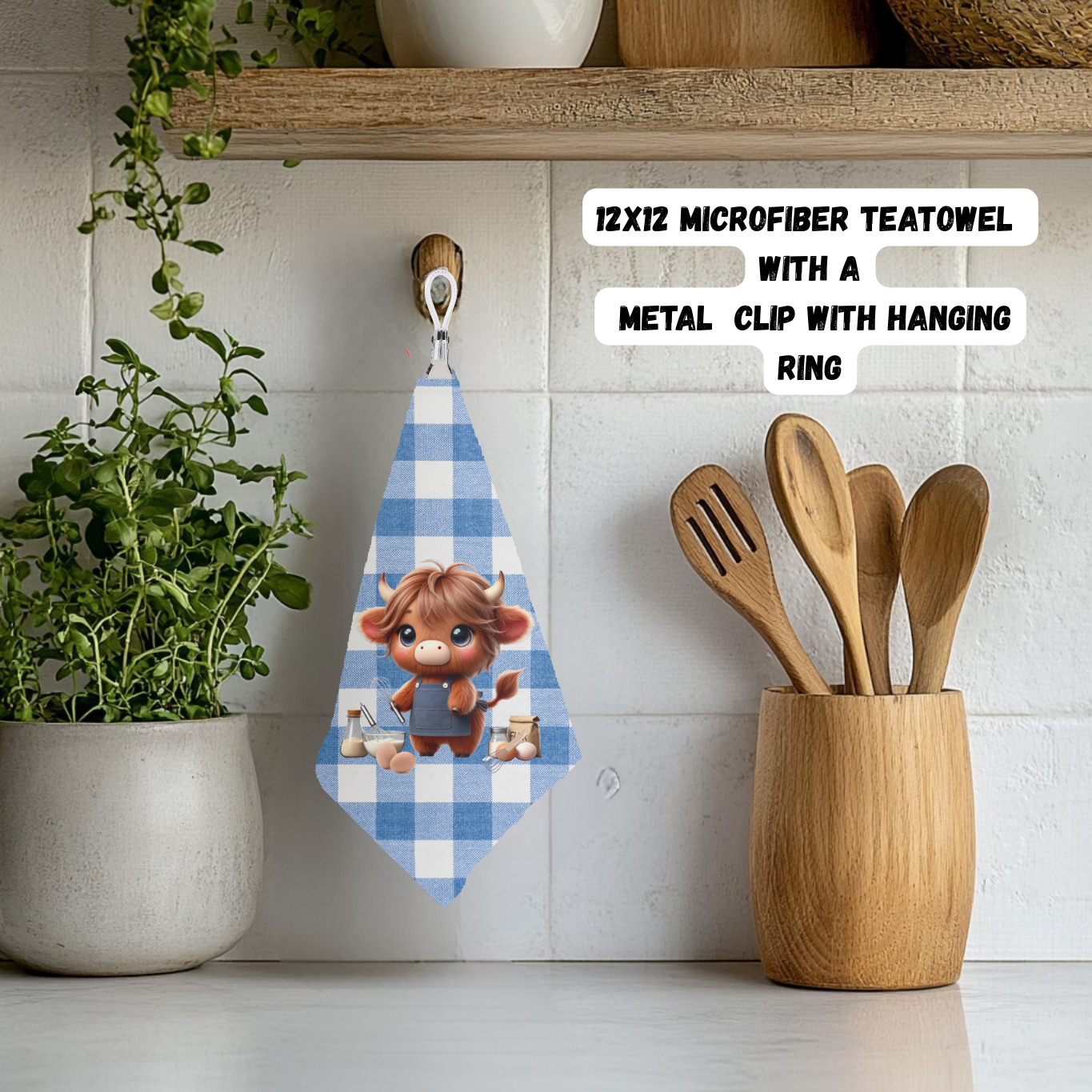 Highland Cow Kitchen Teatowel Collection – 12x12 Microfiber with Hanging Clip