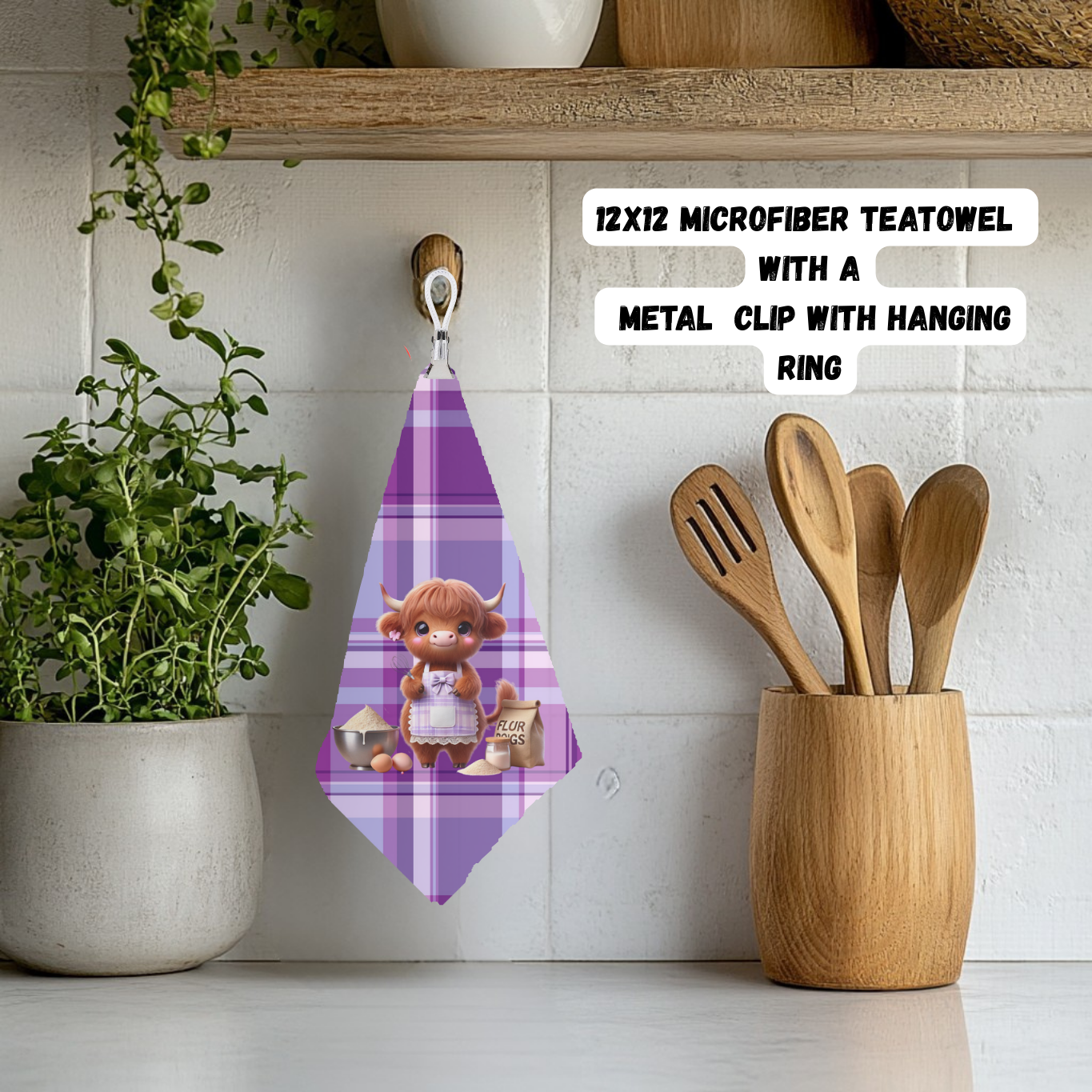 Highland Cow Plaid Teatowel Collection – 12x12 Microfiber with Hanging Clip