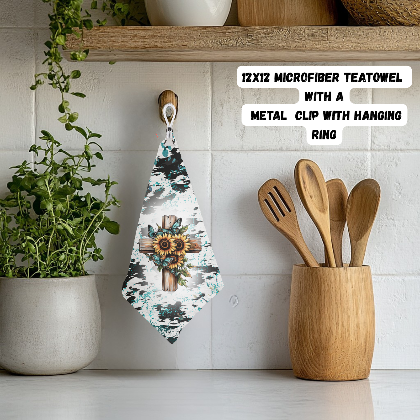 12×12 Microfiber Tea Towel – Rustic Turquoise Cross