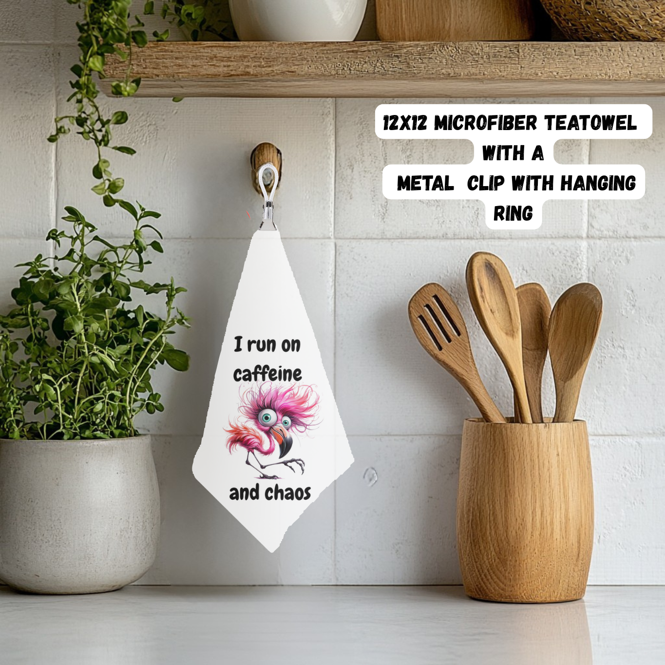 Caffeine & Chaos Flamingo Tea Towel – 12x12 Microfiber with Hanging Clip